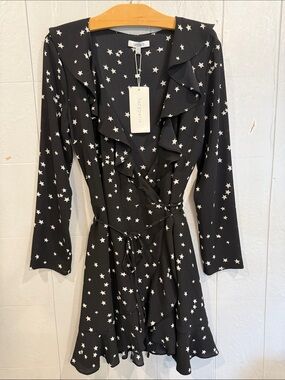 Lucy Paris NWT Black Star Print Ruffle Wrap Dress Ret $89